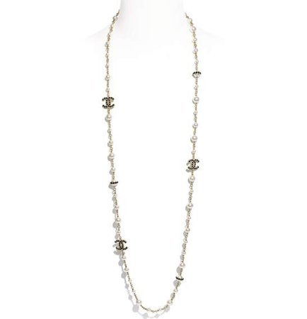 Long Necklace, metal, glass pearls, strass & resin, gold, pearly white, crystal & black - CHANEL