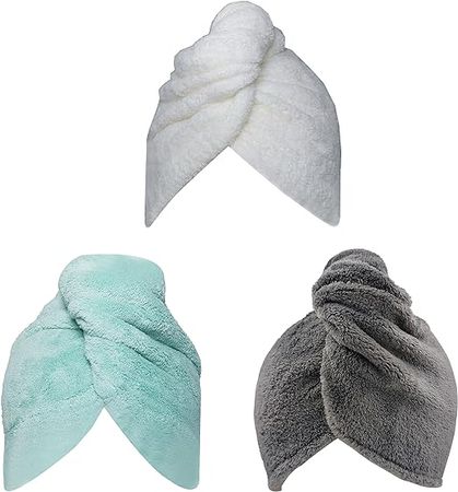 Chikoni Hair Towel Wrap Turban 3 Pack Super Absorbent Microfiber Quick Dry Hair Towel with Button, Dry Hair Hat, Wrapped Bath Cap 26inch/10inch Gray/White/Green : Amazon.ca: Beauty & Personal Care
