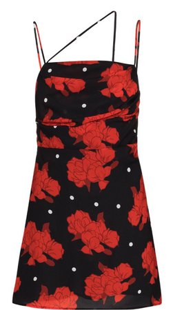 black mini dress with red rose-print