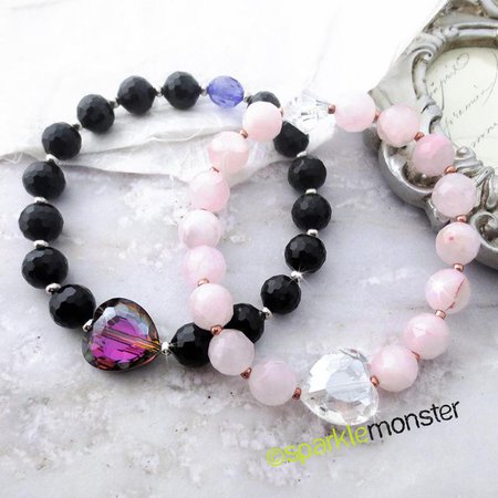 Crystalline Heart black stone or rose quartz stretch | Etsy