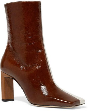 Isa Two-tone Crinkled Patent-leather Ankle Boots - Chocolate