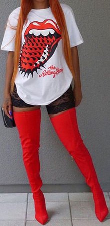 white oversized Rolling Stones t shirt dress, lace shorts, thigh high red boots-outfit