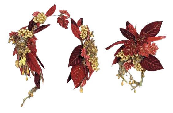 Headdress (a) and bouquet (b) with dark red velvet leaves, clusters of gilt berries and acorns, and gold tinsel vines with yellow and gold drops