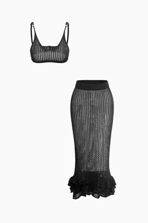 Adjustable Strap Open Knit Cami Top And Ruffle Hem Midi Skirt Set – Micas