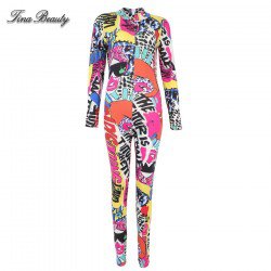 Tina Beauty Celebrity Skinny Cardi B High Neck Long Sleeve Graffiti Jumpsuit Silky High Quality Rompers Womens Jumpsuits