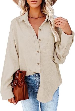 Dokotoo Womens Corduroy Button Down Shirts Boyfriend Long Sleeve Oversized Blouses Tops at Amazon Women’s Clothing store