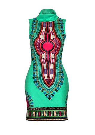 shekiss Women Traditional African Print Dashiki Bodycon Sleeveless High Collar Dress at Amazon Women’s Clothing store:
