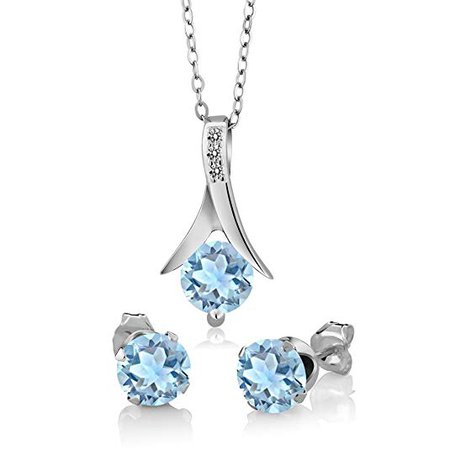 Amazon.com: Gem Stone King 2.30 Ct Round Cut Sky Blue Aquamarine White Diamond 925 Sterling Silver Pendant Earrings Gift Set: Jewelry