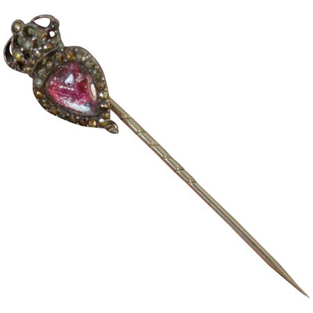 Georgian Heart Crown Foiled Crystal Rose Cut Paste Rose Gold Stick Pin For Sale at 1stdibs