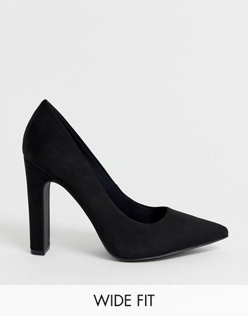 New Look Wide Fit pointed block heel court in black | ASOS