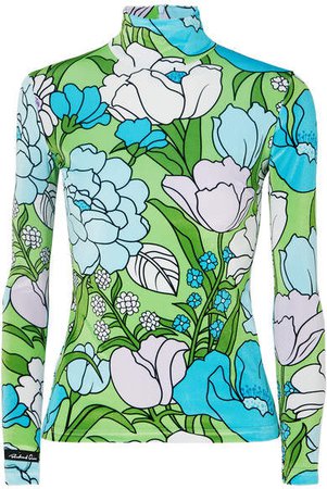 Floral-print Stretch-velvet Turtleneck Top - Blue