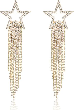 Amazon.com: Women’s alloy Tassel Earrings Star Ear Stud Pave Crystal Dangle Earrings Boho Waterfall Beaded Fringe Drop Earring (gold): Clothing, Shoes & Jewelry