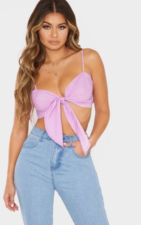 Basic Lilac Plunge Short Sleeve Bodysuit | PrettyLittleThing