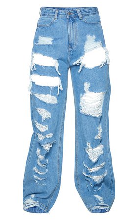Mid Blue Wash Distressed Baggy Boyfriend Jeans | PrettyLittleThing
