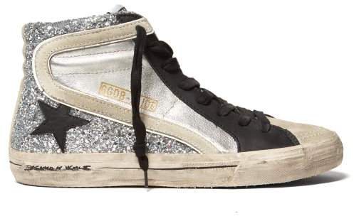 Glitter And Metallic High Top Leather Trainers - Womens - Black Silver