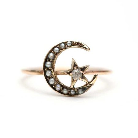 14k Victorian Moon and Diamond Star Ring