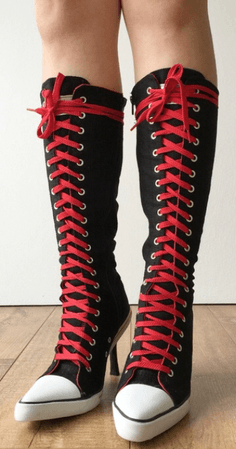 Punk black lace up sneaker boots with red laces