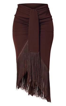 Chocolate Brown Tassel Hem Midi Skirt | PrettyLittleThing USA