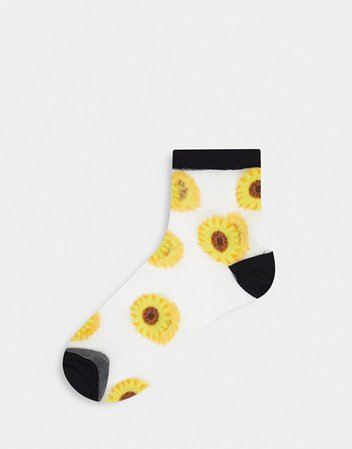 ASOS DESIGN sheer mesh printed sunflower socks in black | ASOS