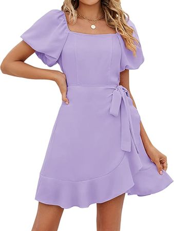 Summer Dress for Women Square Neck Aline Tie Casual Dresses with Sleeve Purple 2XL at Amazon Women’s Clothing store