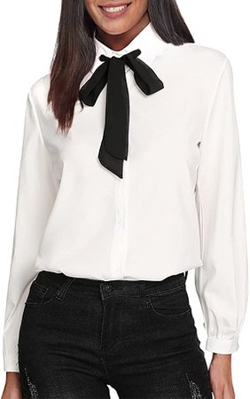 SheIn Women's Bow Tie Neck Ruffle Long Sleeve Chiffon Shirt Blouse Top White# X-Large at Amazon Women’s Clothing store