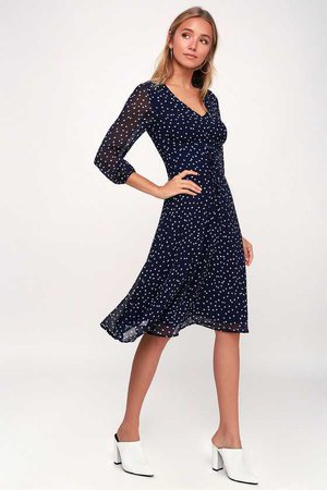 Chic Navy Blue Polka Dot Dress - Long Sleeve Dress - Midi Dress