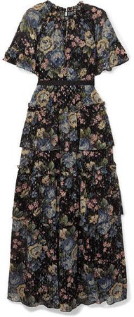 Tiered Floral-print Fil Coupé Chiffon Gown - Black
