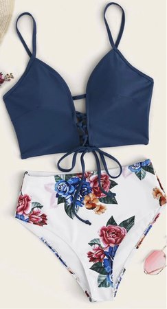 romwe high waisted blue floral bikini
