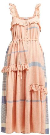 Lypie Tiered Ruffle Striped Cotton Maxi Dress - Womens - Red