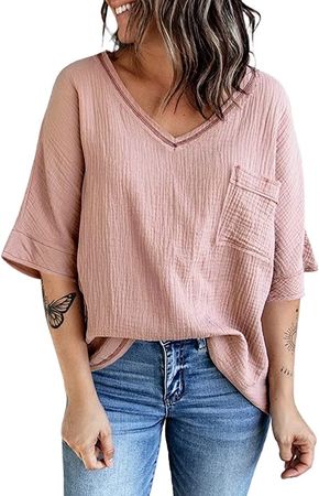 Dokotoo Womens Ladies 3/4 Sleeve Cotton Tunic Tops and Blouses for Women Business Casual Summer Loose Fitting Short Sleeve Trendy Shirts Solid T-Shirts with Pocket Pink Large at Amazon Women’s Clothing store