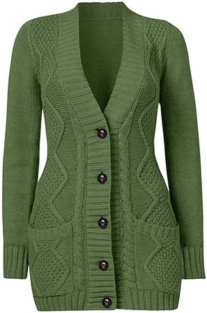 luvamia Womens Fern Green Casual Long Sleeve Open Front Buttons Cable Knit Pocket Sweater Cardigan Outwear Size M(US 8-10) at Amazon Women’s Clothing store