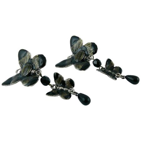 Jean Paul Gaultier Vintage 1990 Enamel Butterfly Dangling Earrings For Sale at 1stDibs