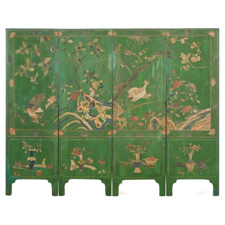 Chinese Export Green Lacquered Four-Panel Coromandel Screen For Sale at 1stDibs