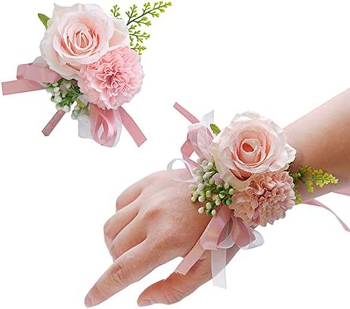 Amazon.com: 2PCS Rose Flower Wrist Corsage Boutonniere Set Handmade Artificial Corsage Set Bride Hand Flower Men Boutonniere for Wedding Party Prom Decorations (Pink) : Home & Kitchen