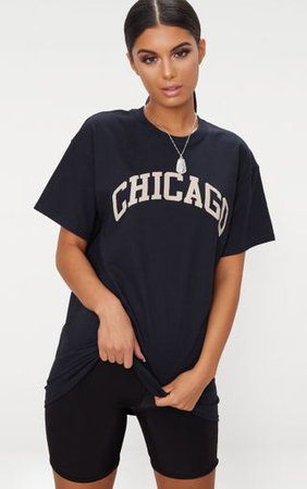 Black Chicago Slogan Oversized T Shirt | Tops | PrettyLittleThing