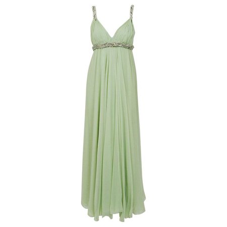 1965 Sarmi Couture Seafoam-Green Jeweled Silk Chiffon Empire Plunge Grecian Gown For Sale at 1stdibs