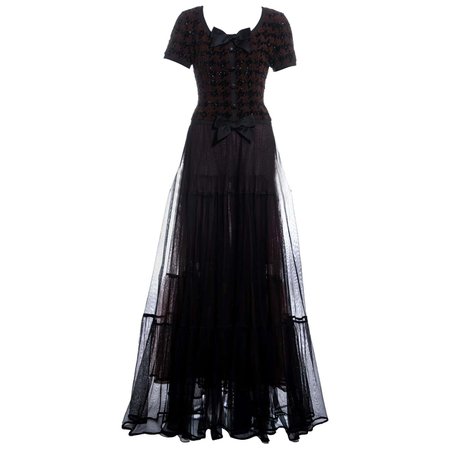 Chanel by Karl Lagerfeld brown and black tweed and tulle sequin dress, fw 1991 For Sale at 1stDibs