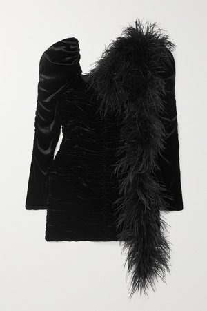 Black Tefe feather-embellished ruched velvet mini dress | Magda Butrym | NET-A-PORTER