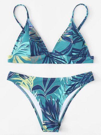 Adjustable Straps Leaf Print Bikini Set