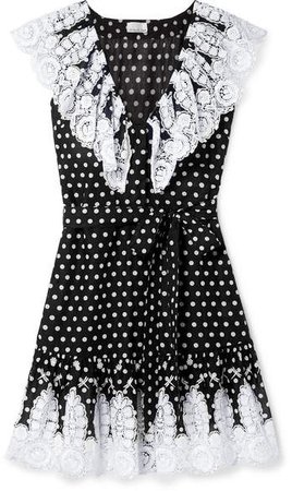 Payton Lace-trimmed Polka-dot Cotton-voile Mini Dress - Black