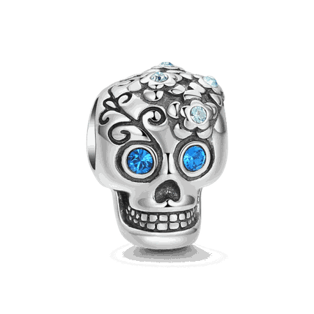 Special Skull Silver Charm with Blue Swarovski Crystal - New