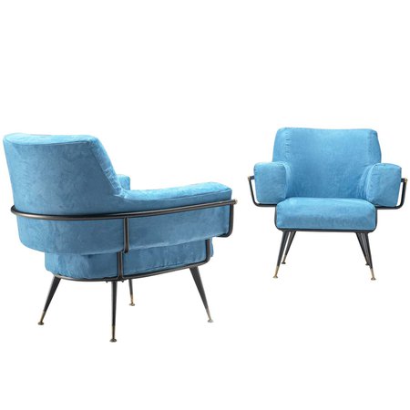 Pair of Italian Lounge Chairs in Blue Velvet
