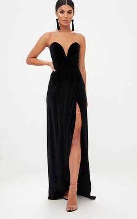 Black Velvet Draped Wrap Detail Bandeau Maxi Dress | PrettyLittleThing USA