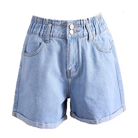Weigou Woman Denim Shorts Loose High Waist Button Wide Leg Short Jeans Elastic Waist Rolled Blue Junior Shorts at Amazon Women’s Clothing store: