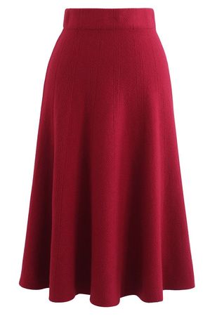 Textured Knit Flare Hem Knit Midi Skirt in Red - Retro, Indie and Unique Fashion
