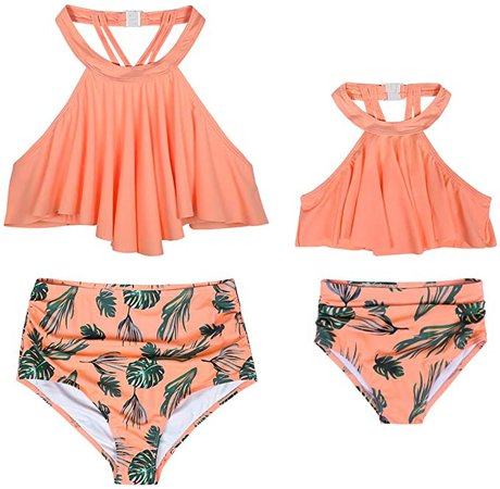 MetCuento Mommy and Me Family Matching Swimwear Girls Swimsuit High Waisted Two Pieces Bikini Sets Ruffle Bathing Suits Ruffle