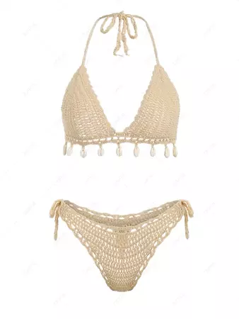 Crochet Knit Shell Decor Lace Up Triangle Cheeky Bikini Set In APRICOT | ZAFUL 2024