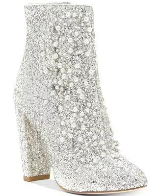 Jessica Simpson Starlite Pearl-embellished Booties Silver Glitter Bootie (6, Silver)