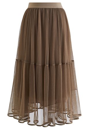 Fairy Plisse Mesh Tulle Midi Skirt in Brown - Retro, Indie and Unique Fashion