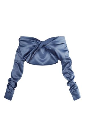 Steel Blue Satin Bardot Twist Front Crop Blouse | PrettyLittleThing CA